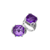 Sterling Silver Handmade Amethyst Quartz Ring With Balinese Engraved Detailing